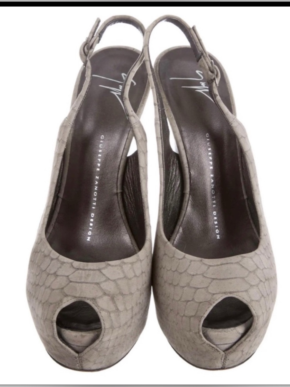 GIUSEPPE ZANOTTI Gray Python Embossed Suede Peep Toe Platform Slingback